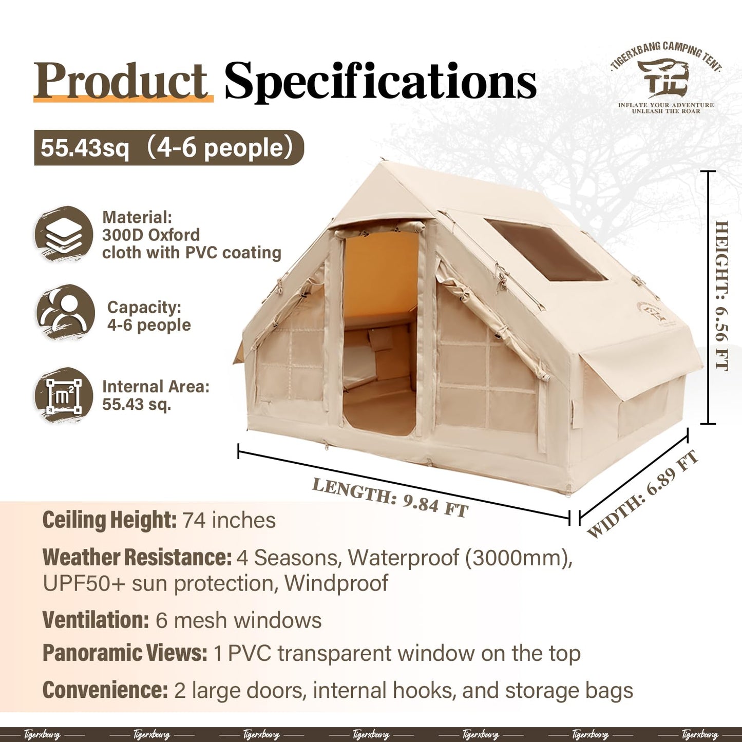 TIGERXBANG Inflatable Tent for Camping, 4-6 Person Glamping Air Tents, Easy Setup 4 Season Luxury Cabin, Waterproof & Windproof Inflatable House Tent with Panoramic View Windows