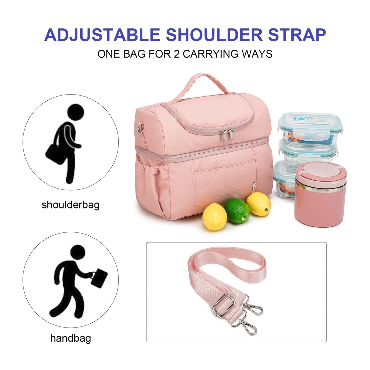 NOL Natural Organic Lifestyle Adult Lunch Box Insulated Lunch Bag Large Dual Compartment Lunch Bag Coolers Lightweight Nylon Waterproof Lunch Box for Work, Picnic, Travel, Outdoors, Pink