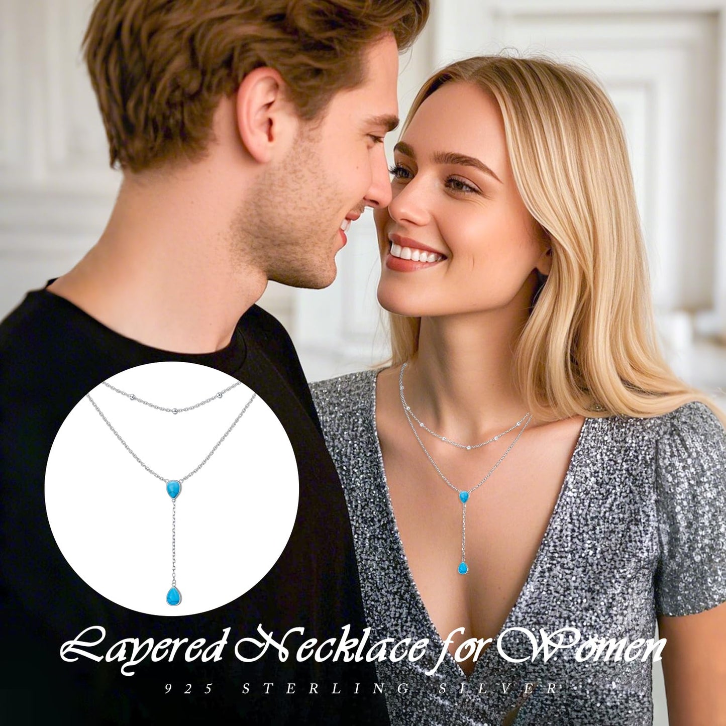 FLYOW S925 Sterling Silver Double Layered Necklace Teardrop Created Turquoise Choker Y Lariat Necklace Mothers Day Birthday Gifts for Women Wife Fiancée