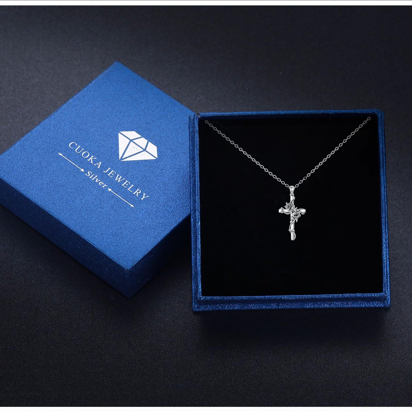 Cuoka Cross Necklace - 925 Sterling Silver Rose/Sunflower/Tree of Life/Family Tree Cross Pendant Jewelry - Spiritual Symbol of Religion Faith Love & Family Connection Beautiful Gift for Women Moms and ChristmasThanksgiving Day Baptism Special Occasions