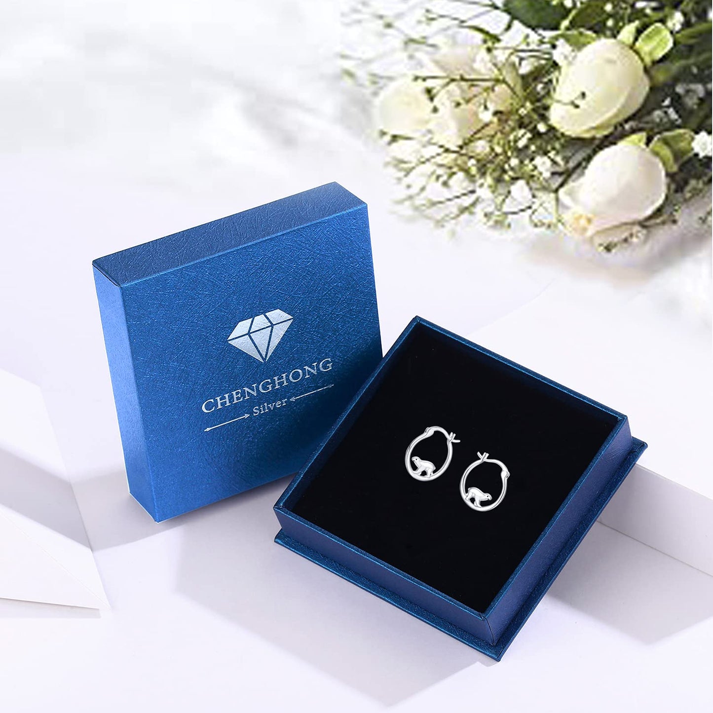 Mama Bear Earrings 925 Sterling Silver Polar Bear Huggie Hoop Earrings Hypoallergenic Cute Animal Small Earrings Bear Jewelry Graduation Gifts for Women Daughter Her
