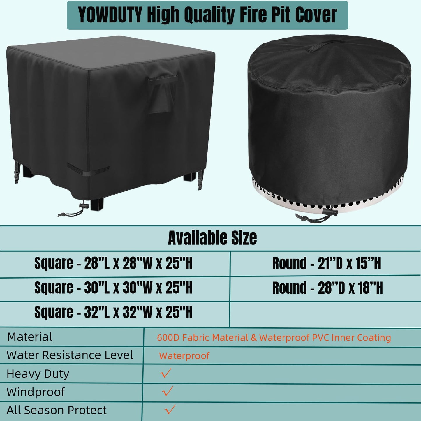 YOWDUTY Propane Fire Pit Cover Square 28 Inch, Waterproof Heavy Duty 600D Gas Fire Pit Table Cover 28x28x25 Inch, Fit 26-28 Inch Firepit Table, All-weather Protection For Patio Fire Table