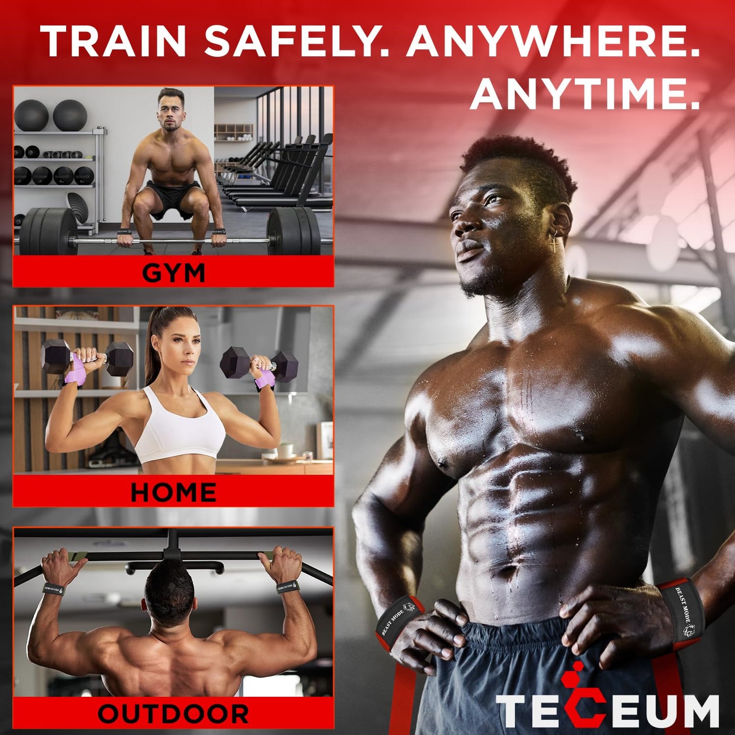 TECEUM Lifting Wrist Straps with Neoprene Padding Support β Navy Blue β Beast Mode β Heavy Duty Wrist Workout Straps For Men and Women β Ideal for Powerlifting, Strength Training, Bodybuilding