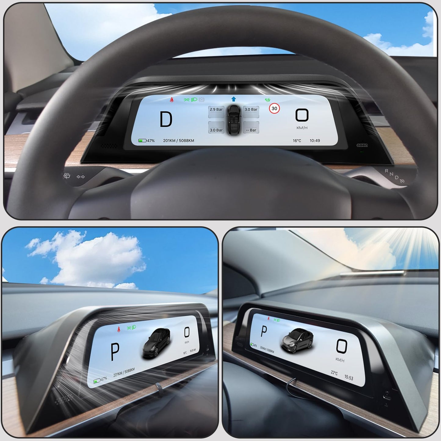 Heads Up Dispaly with Air Vent for Tesla Model Y 2019-2024 & Model 3 2017-2023 9.66" Screen - Wireless CarPlay Android Auto, Blind Spot,Anti-Glare Screen