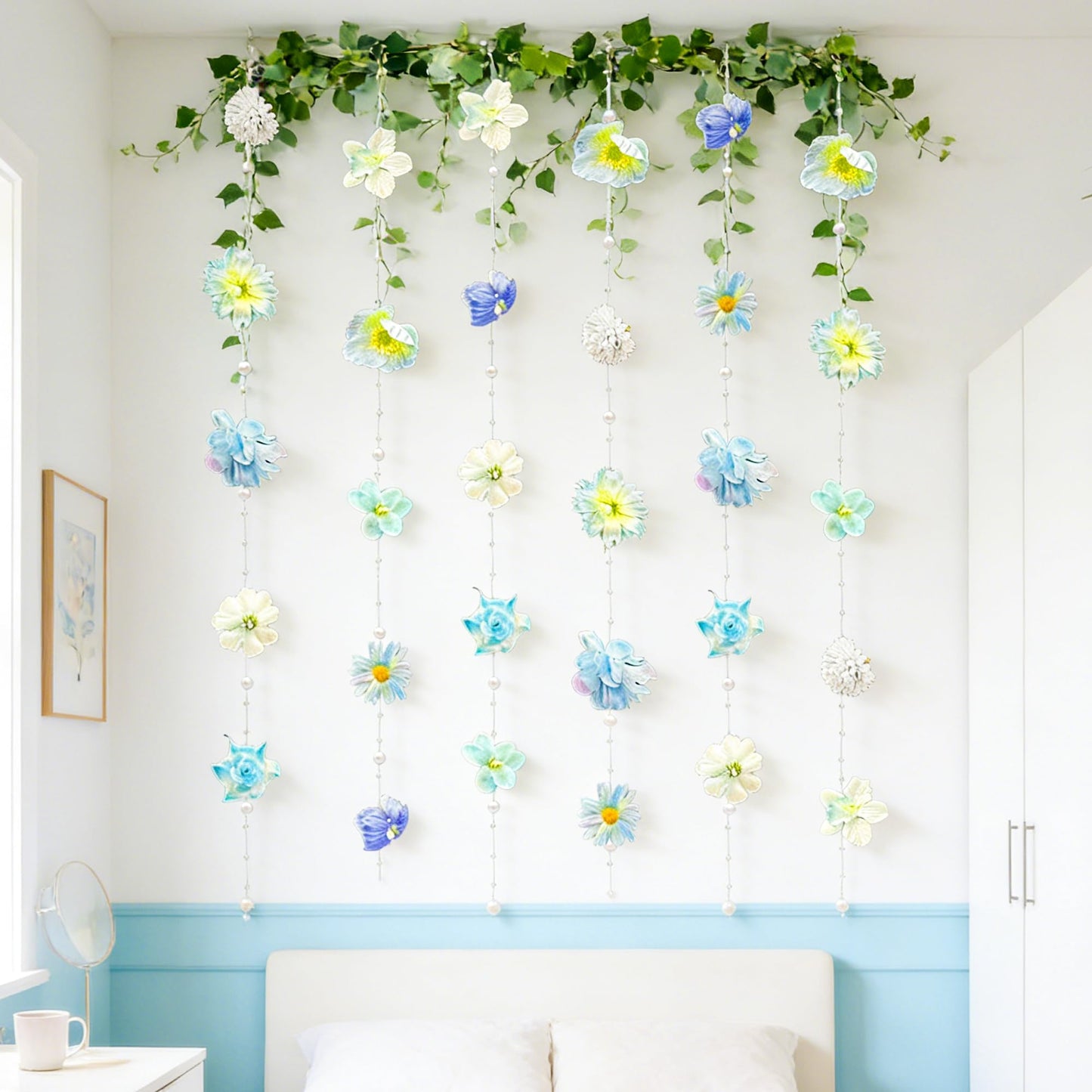 4.27 ft Blue Flower Garlands Hanging Artificial Wildflower Floating Floral Backdrop Flower Garland for Garden Wall Decor Birthday Party Supplies