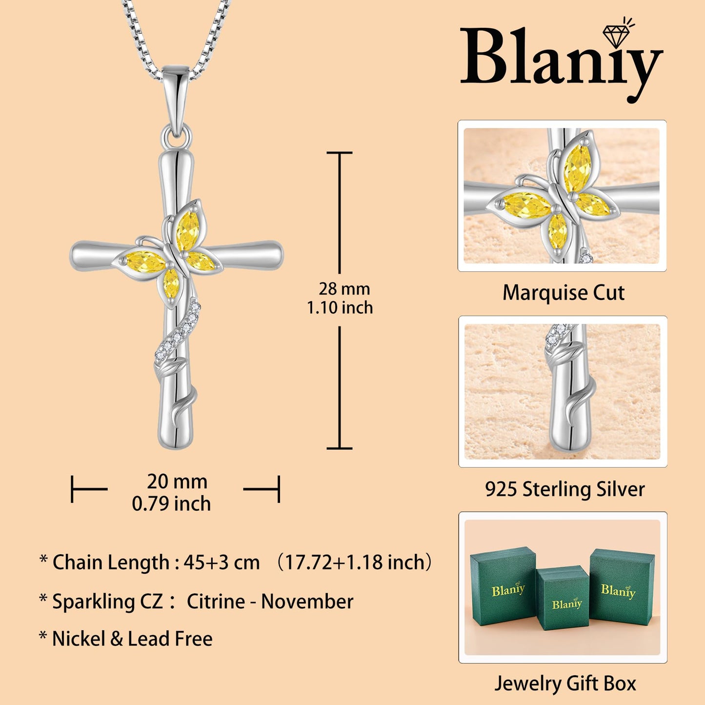 Blaniy Cross Necklace for Women 925 Sterling Silver Butterfly Necklace Citrine Pendant Necklaces November Birthstone Jewelry Gifts for Women
