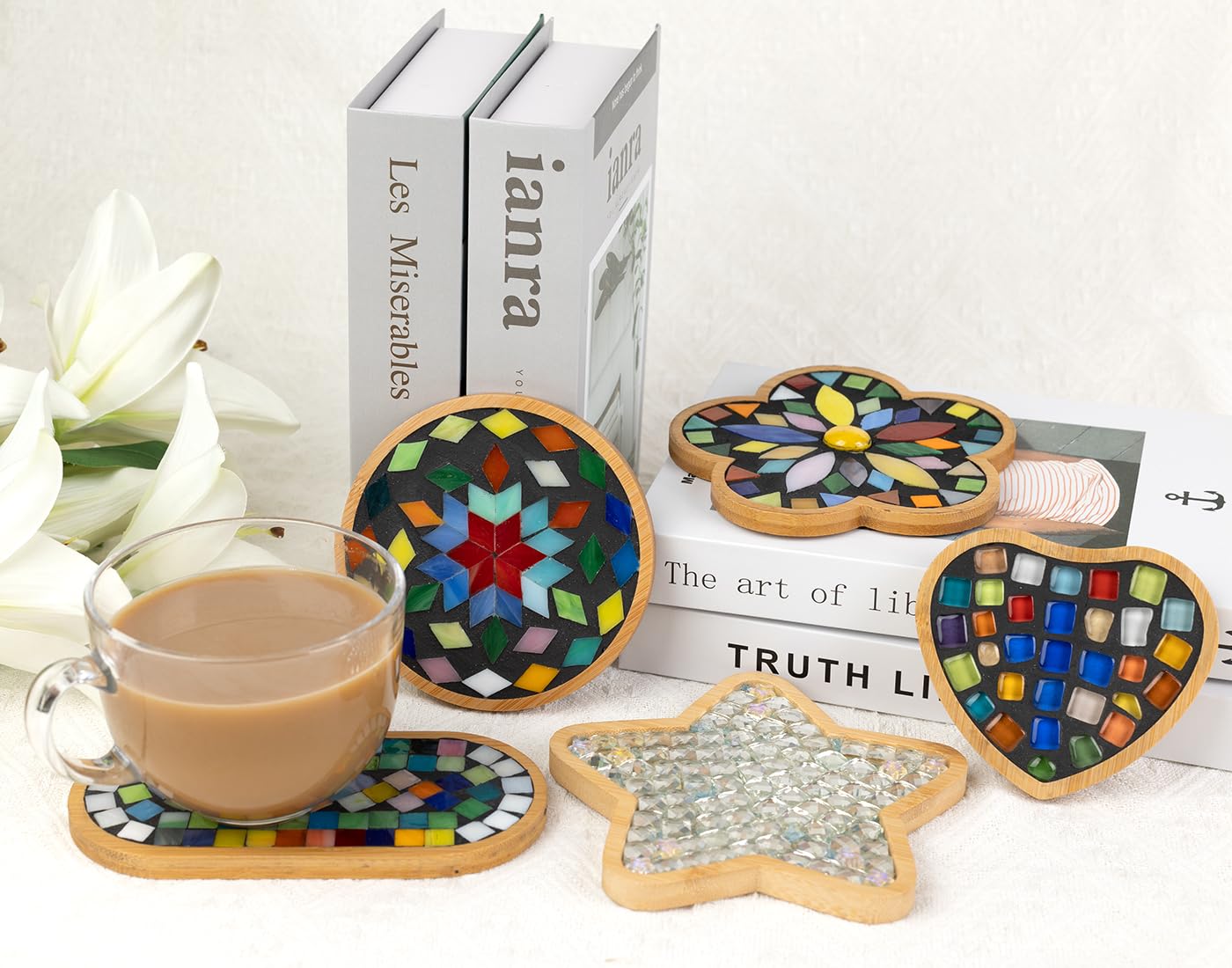 Lanyani 10pcs Wooden Assorted Shapes Mosaic Bases for DIY Mosaic Coaster Kit, with Wooden Surface for Handcrafted Glass Mosaic Tiles Crafts for Adults and Kids