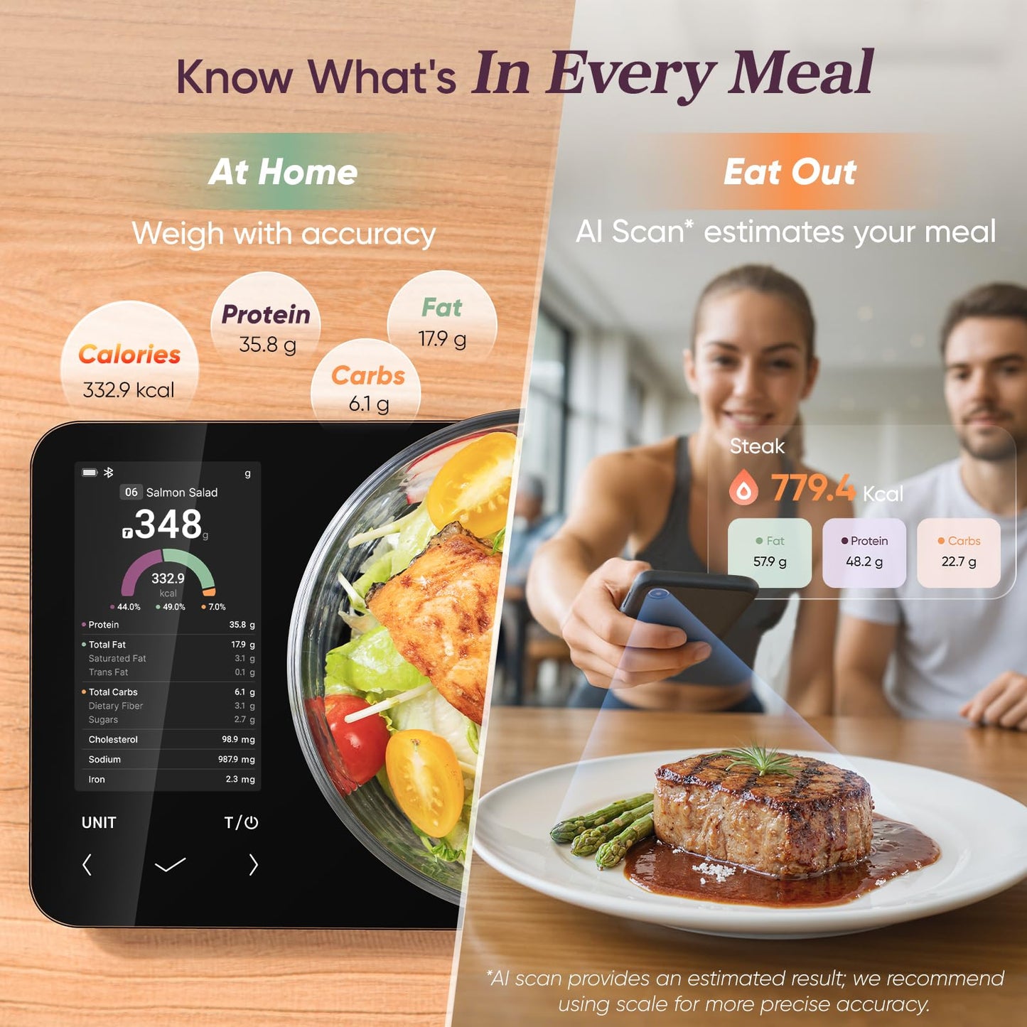 Cosori Smart Food Kitchen Scale with Nutritional Calculator, Free App for AI Scan, Calorie & Macro Tracking, Food Preload, On-Screen Nutrient Info, Personal Goals, Rechargeable, 11 lb / 5 kg