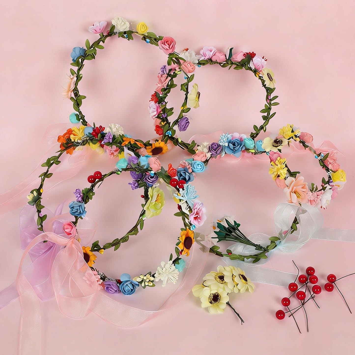 25 Sets DIY Flower Crowns Making Kit, 263 Pcs 10 Different Flowers, Make Your Own Flower Crown Headband Making Kit, Can Make 20 Flower Wreaths and 5 Bracelets for Women Birthday Party Gifts Decor
