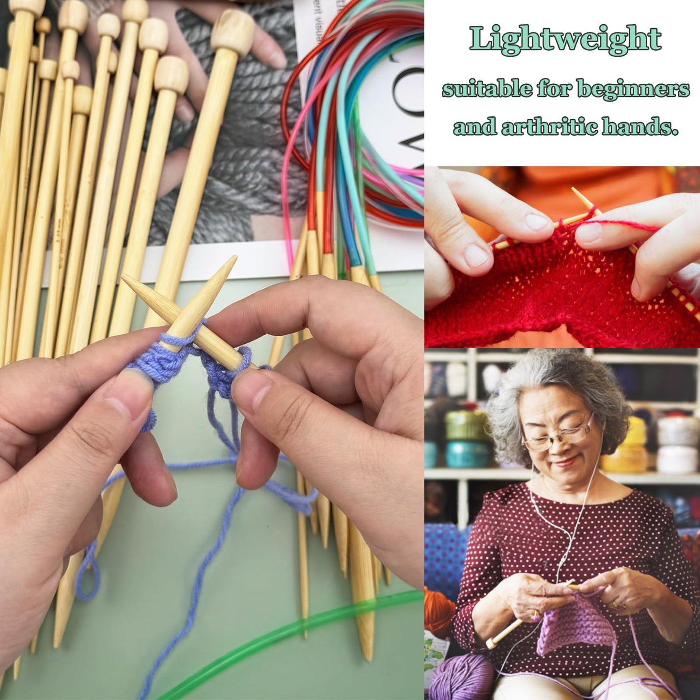Hobekoee Knitting Needles Set,36 PCS 9.8" Straight Single Pointed Bamboo Knitting Needles & 18 Pairs 31.5” Bamboo Circular Knitting Needles Set with Colorful Plastic Cable,18 Sizes: 2mm-10mm