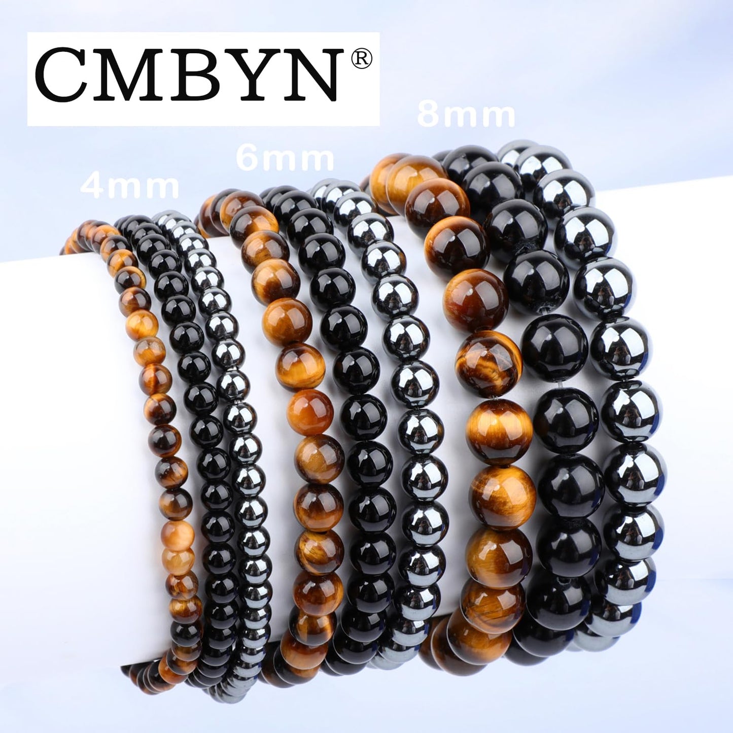 CMBYN 3-Pieces 6mm Natural Crystal Gemstone – Black Onyx, Hematite, Yellow Tiger's Eye Handmade Reiki Energy Healing Stretch Bracelets Jewelry for Yoga, Meditation, Unisex