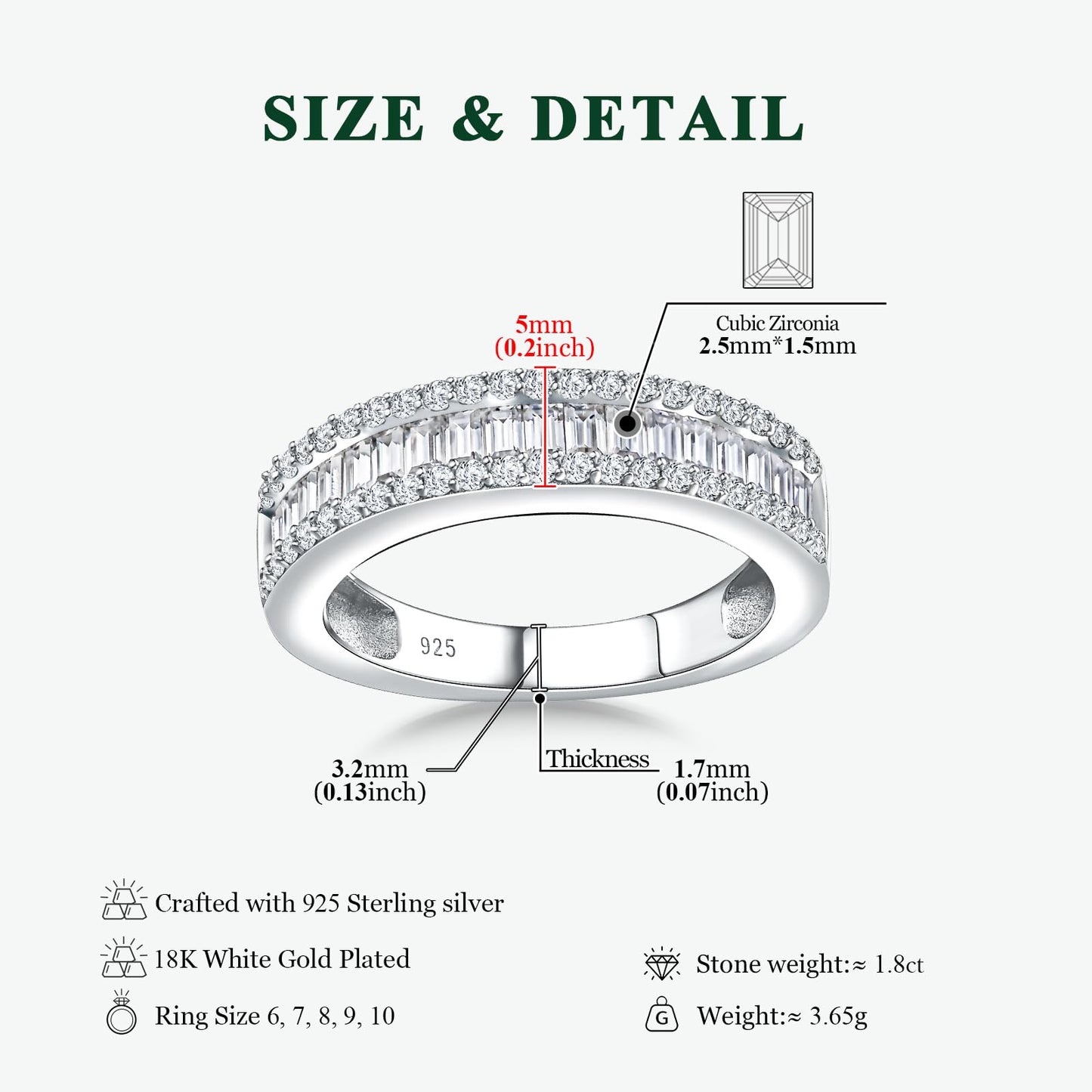 RANDES Cubic Zirconia Wedding Bands for Women Men Emerald-Cut Half Eternity Band Channel Set Cubic Zirconia CZ Ring Size 9.5