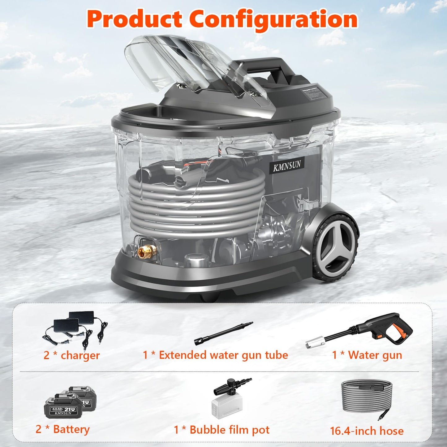 KMNSUN Portable Pressure Washer, Cordless Pressure Washer with 5.28 Gallon Tank, Max 870 PSI, 2 x 4.0Ah Battery, 2 x Chargers, Extension Rod, Suitable for Car Washing, Outdoor Rinsing, Pet Cleaning