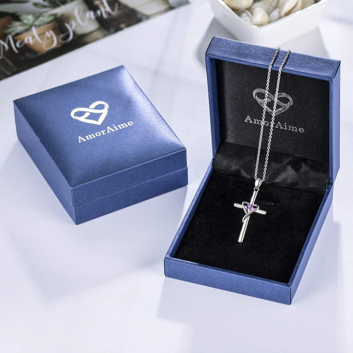 AmorAime 925 Sterling Silver Cross Necklace for Women Men 14K Gold Plated 5A CZ Birthstone Necklaces for Holiday (F.Light Purple-June-Alexandrite)