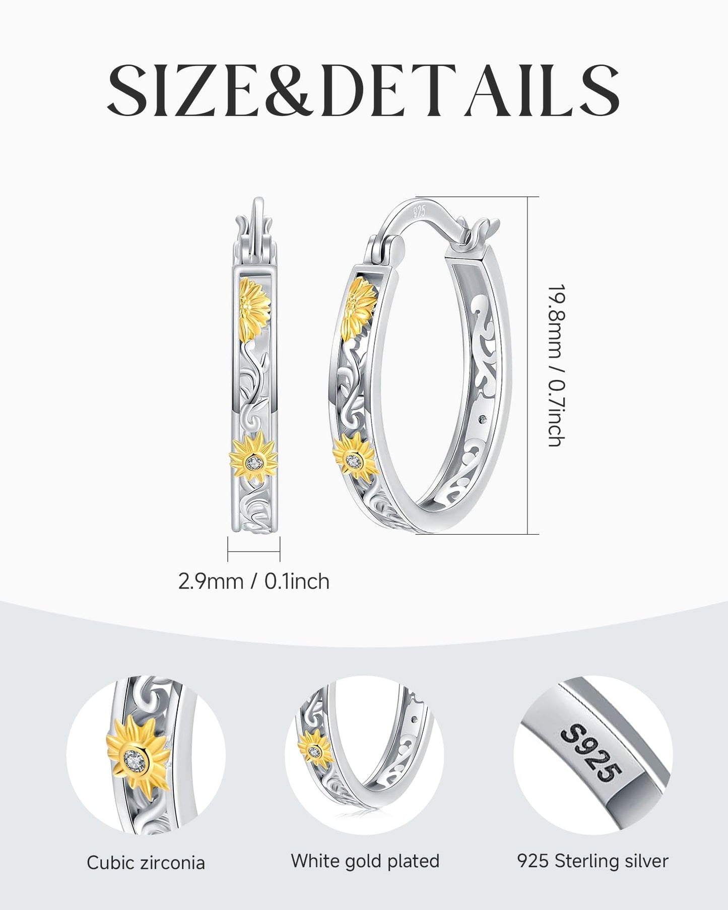 Hypoallergenic-925 Sterling Silver-Two Tone-Sunflower Daisy Hoop Earrings - Your Daily Sunshine Sweet Commute Gift for Women
