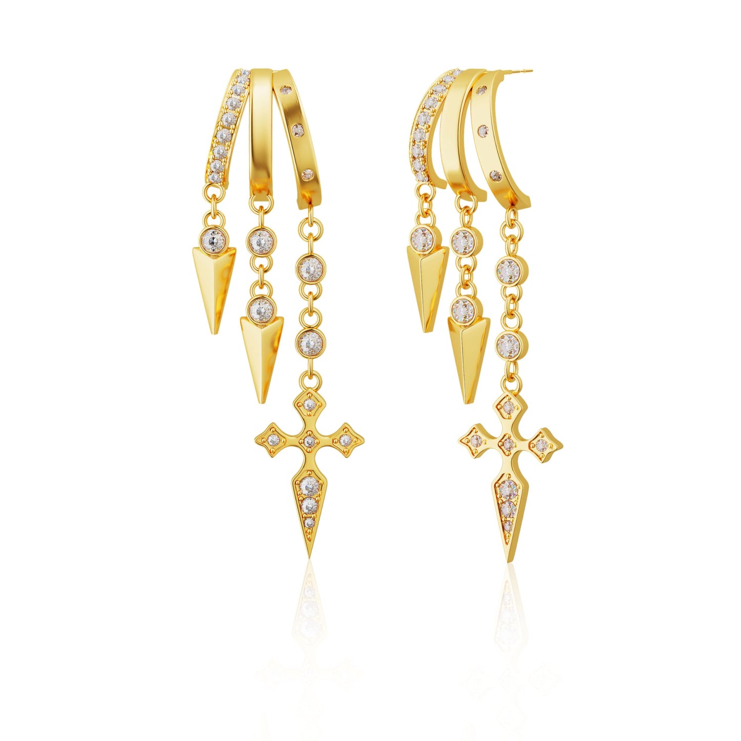 Freekiss Gold Cross Dangle Earrings for Women, 3 Hoop Illusion Huggie Drop Earring Set with Zircon, 14K Gold Plated Hypoallergenic Stud Earrings Gothic Jewelry for Women