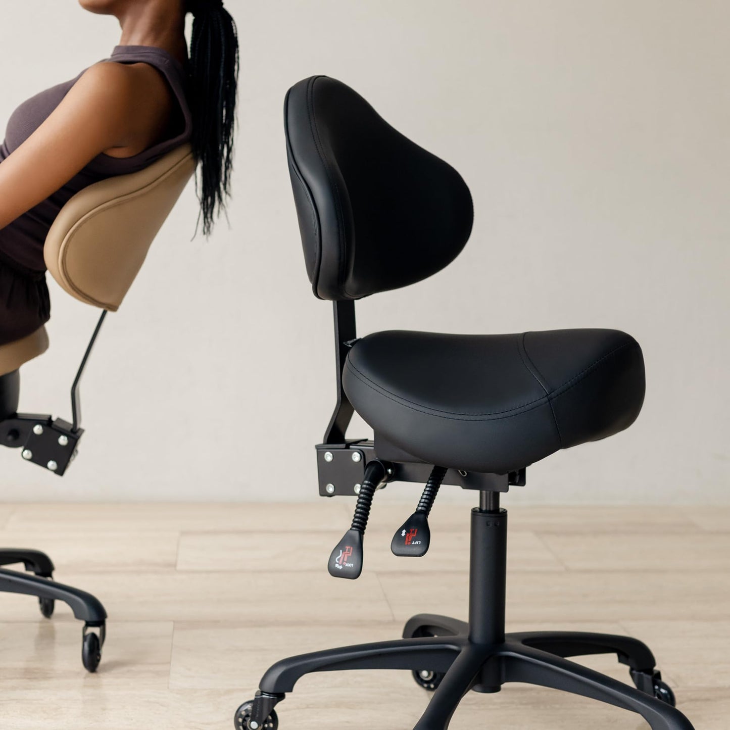 DR.LOMILOMI Pneumatic Swivel Rolling Saddle Chair with Wheels and Ergonomic Back Support for Hair Stylist, Dental Hygienist, Hygienic Clinic, Spa, Massage, Home, Office - 510 KOA (Black, Standard)