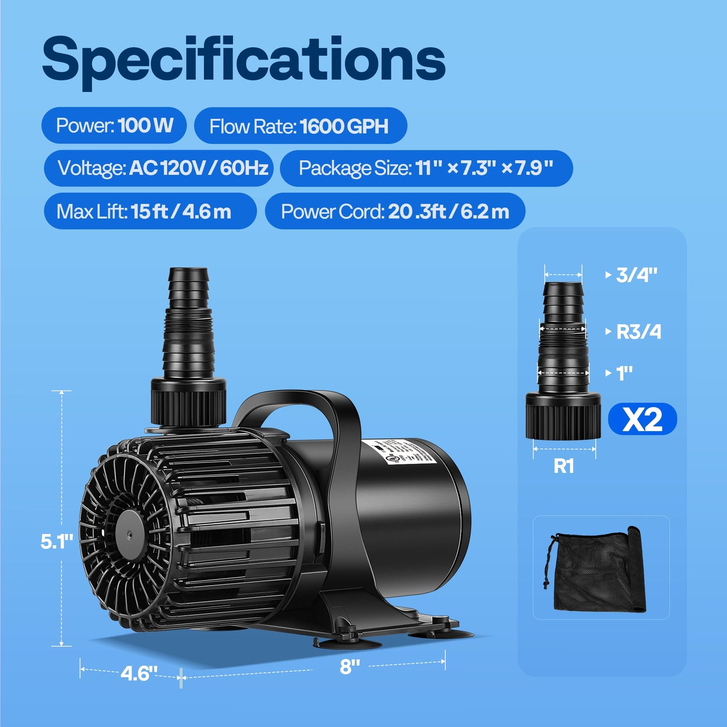 VIVOHOME Electric 100W 1600GPH Submersible Water Pump for Koi Pond Pool Waterfall Fountains Fish Tank and Aquarium