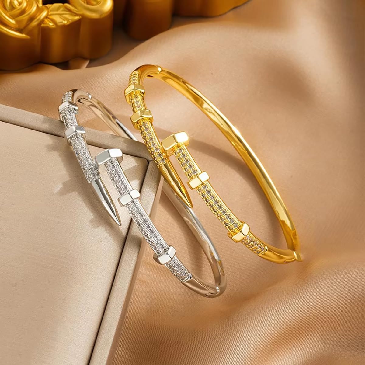 Nail Bangle Bracelet for Women 18K Gold Plated Cubic Zirconia Stones Titanium Steel Bracelet Jewelry Valentines Christmas Gifts (Gold)