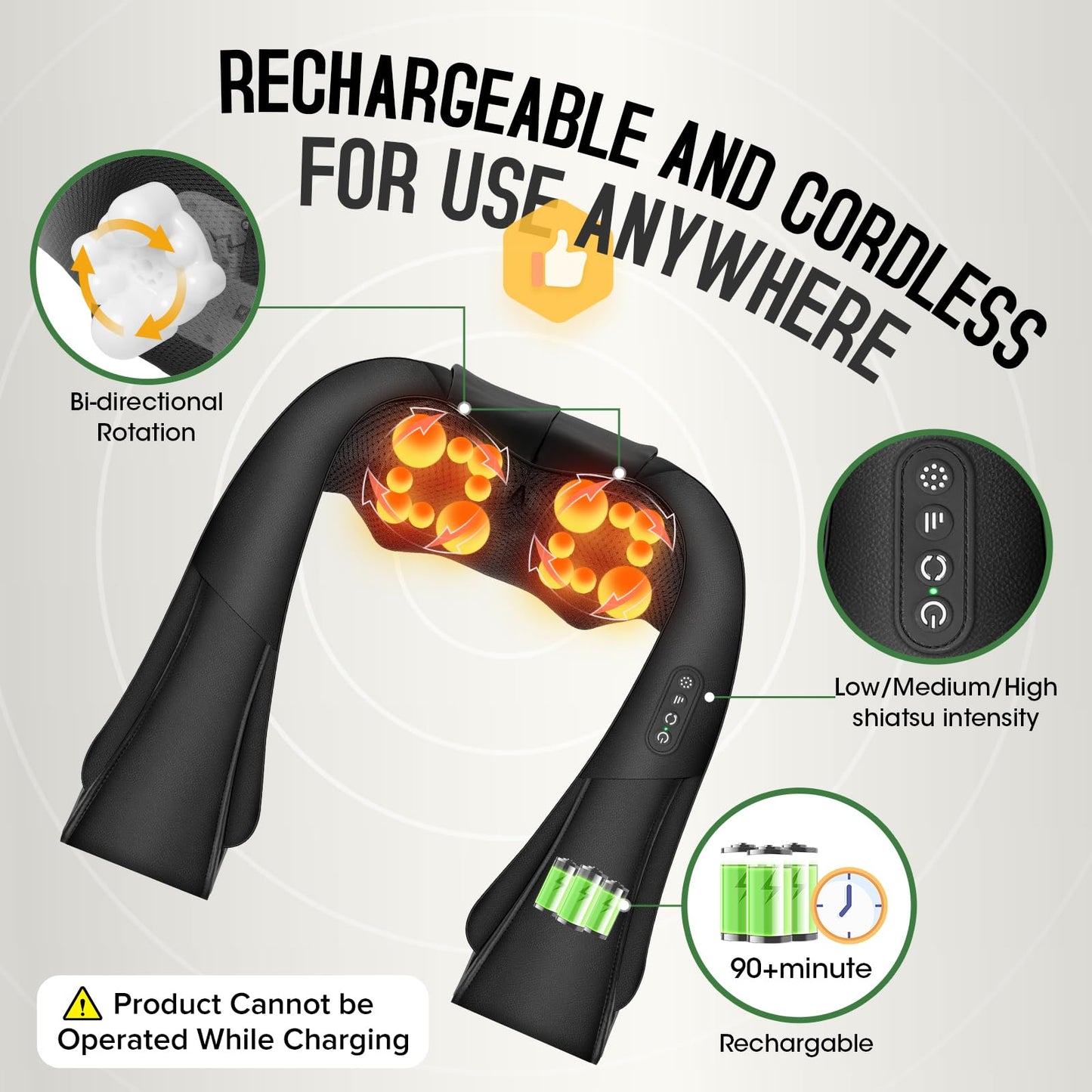 Cordless Shiatsu Neck and Shoulder Massager, Back Massager with Heat,Massage Deeper Tissue 4D Kneading Massage for Shoulder, Neck and Back, Use at Home, Office, Car - Gifts for Fathers Day Dad Gift