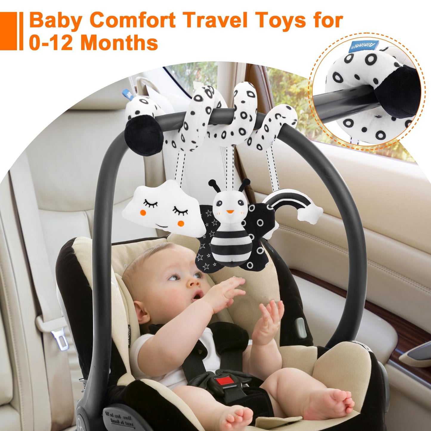 FPVERA Infant Car Seat Toys for Babies 0-6 Months: Travel Baby Toy for Rear Car Seat, Adjustable Mobile Activity Arch with Music, Sensory Hanging Toy Fits SafetyCrib, Stroller