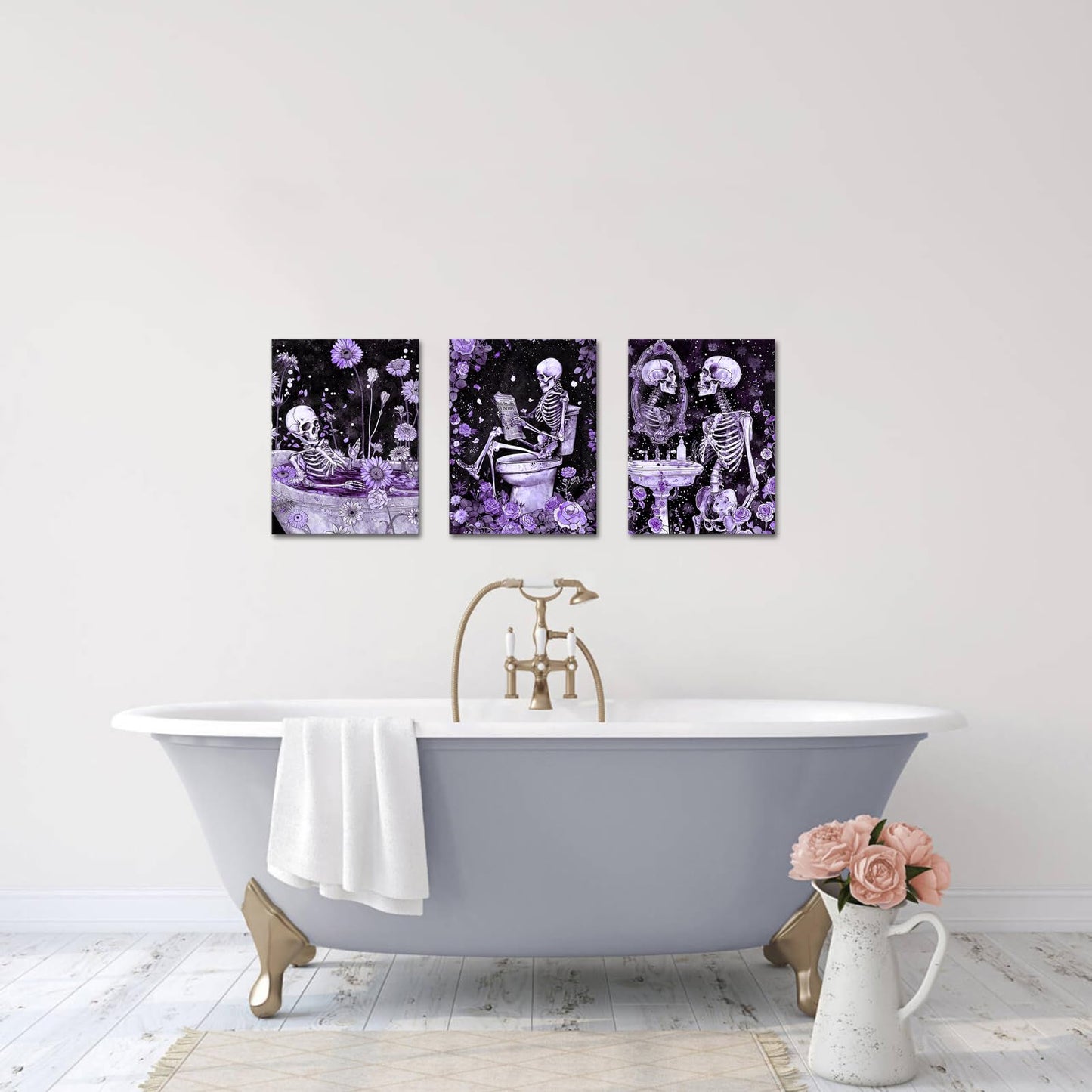 FuShvre Skeleton Bathroom Decor Moody Skeleton Wall Art Pictures for Bathroom Gothic Painting for Home Decoration Framed 12x16 inch each piece (Purple)