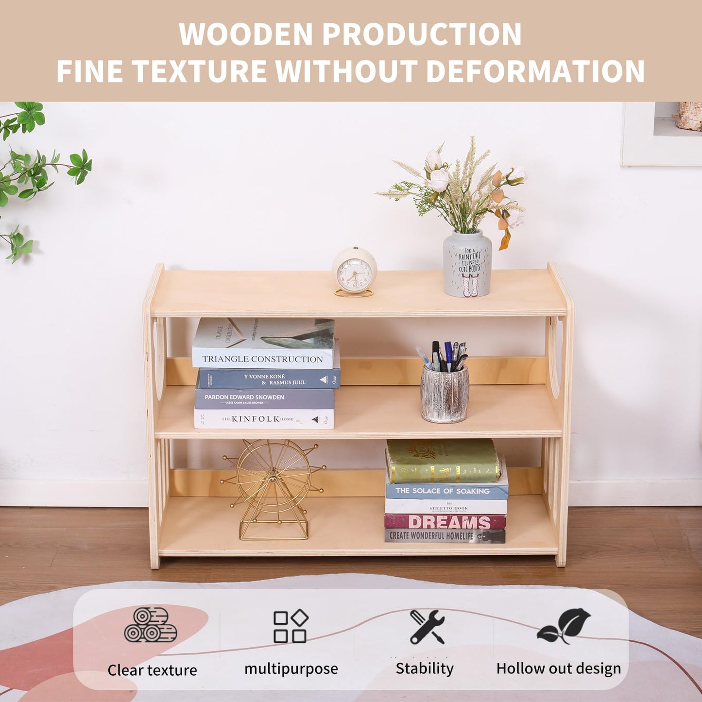 Montessori children's bookshelves, toy shelves, wooden storage and organization shelves, sturdy and safe kindergarten classroom furniture bookcases (3Tier)