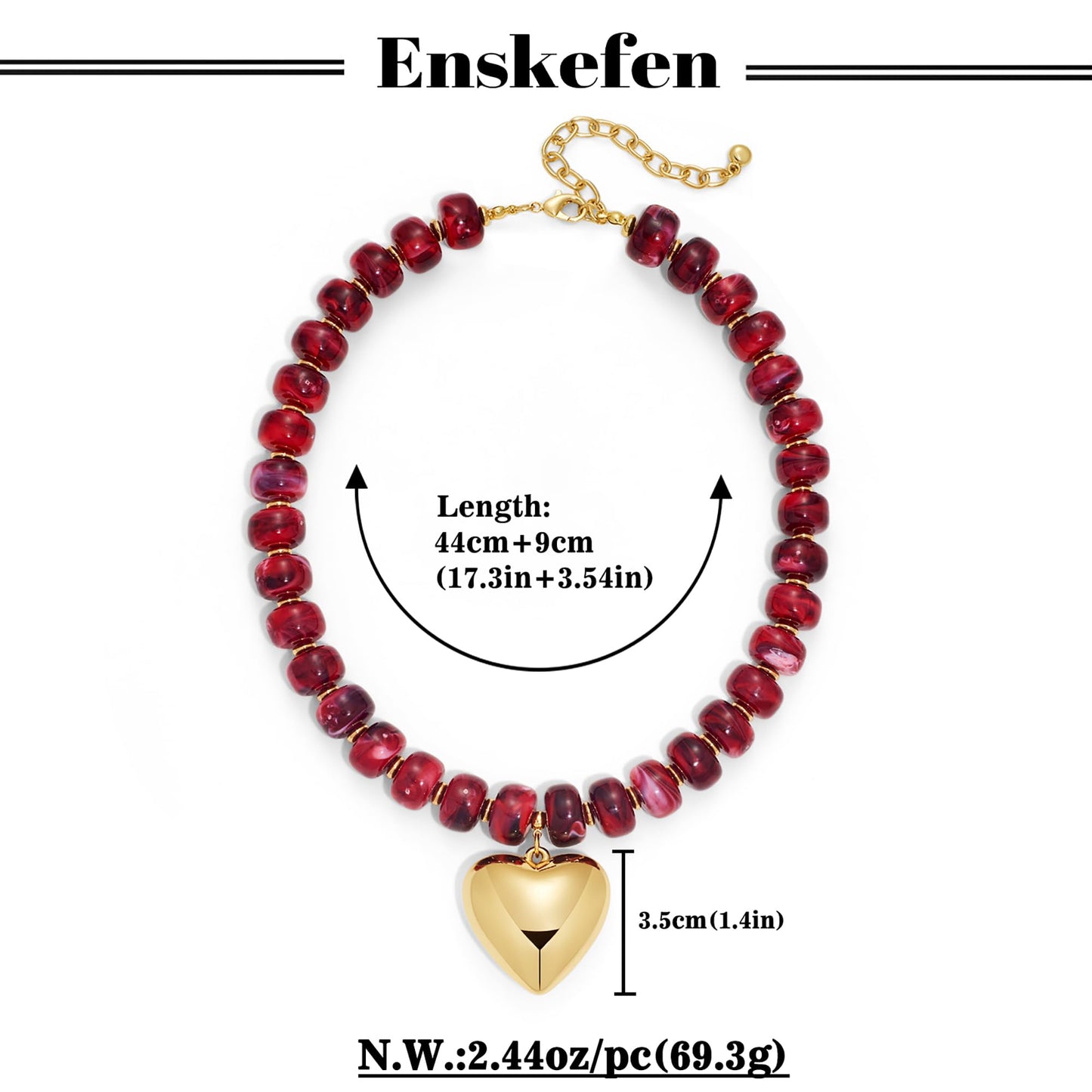 ENSKEFEN Red Acrylic Beaded Necklace Gold Heart Pendant Necklaces for Women Elegant Bold Chunky Statement Necklace Fashion Jewelry
