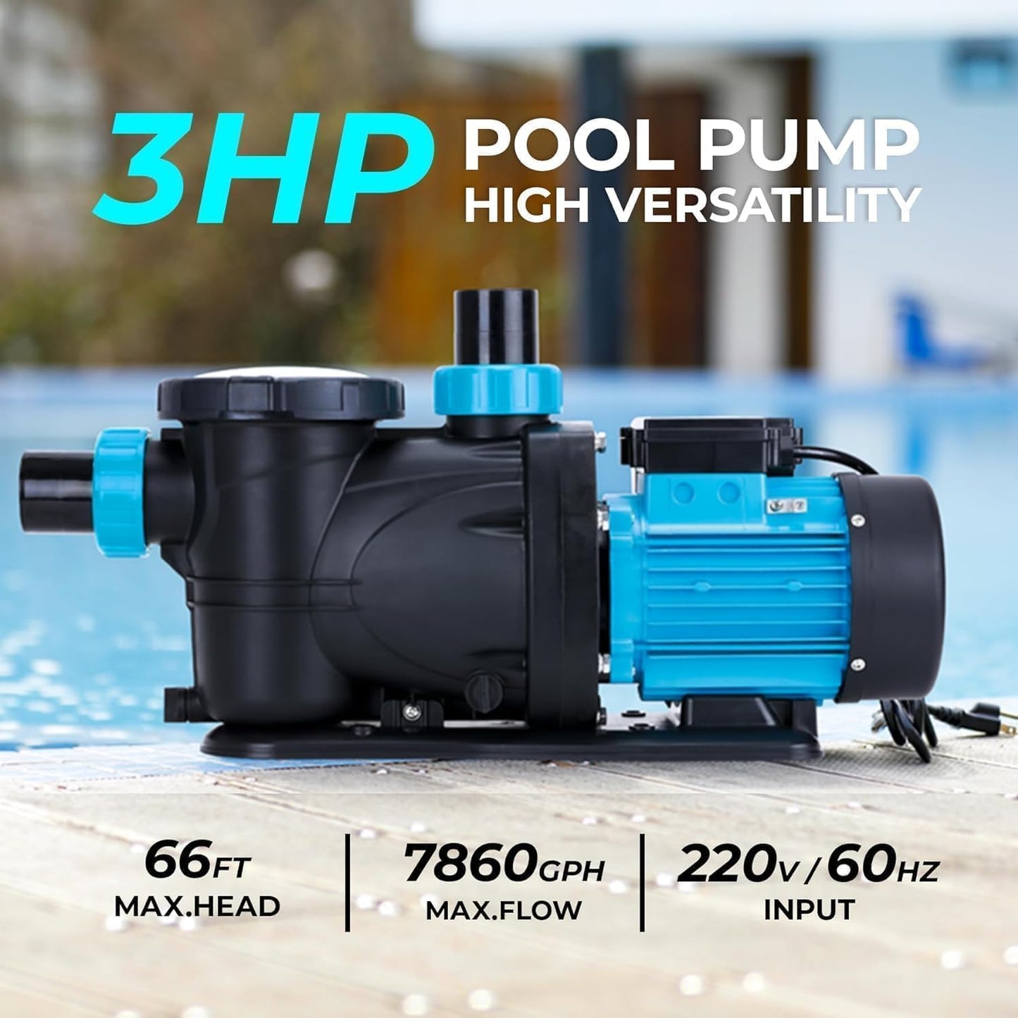 BOMGIE In/Above Ground Pool Pump, High Flow Powerful Self Priming Pool Pump, 3HP 7860 GPH 220V
