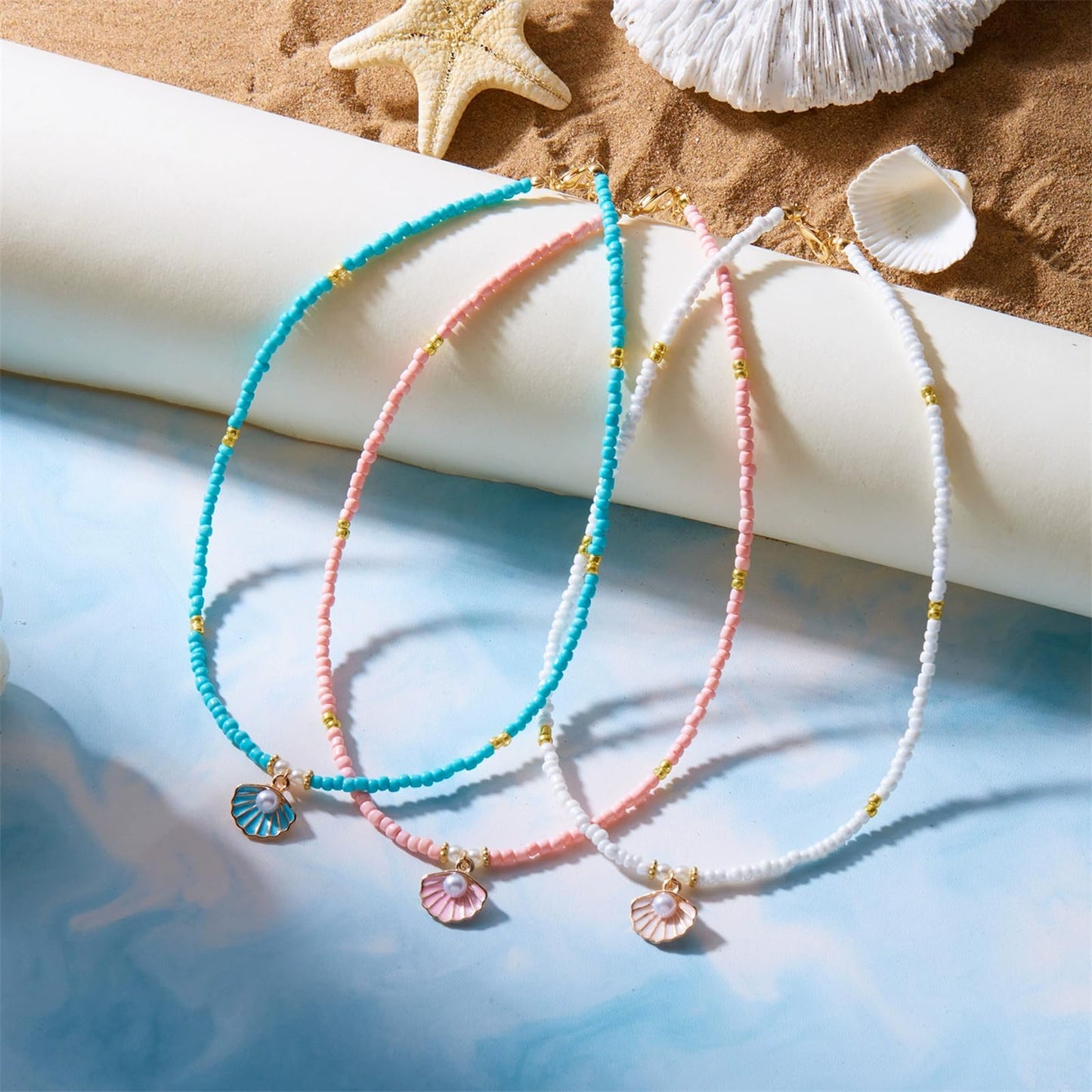 Seashell Pearl Pendant Necklace Gold Plated Boho Enamel Pink Blue Scallop Sea Shell Starfish Ocean Animal Chain Necklace for Women Hawaiian Summer Beach Holiday Fashion Jewelry Gifts (Pink beaded necklace)