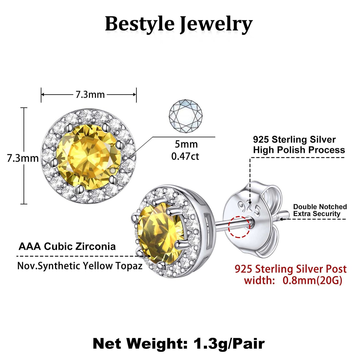 Bestyle Classic S925 Sterling Silver Love Round Earrings, Dainty November Critine Crystals Birthstone Studs, Anniversary/Mother’s Day/Birthday Jewelry Gifts for Women Mom/Wife/Sister/Best Friend