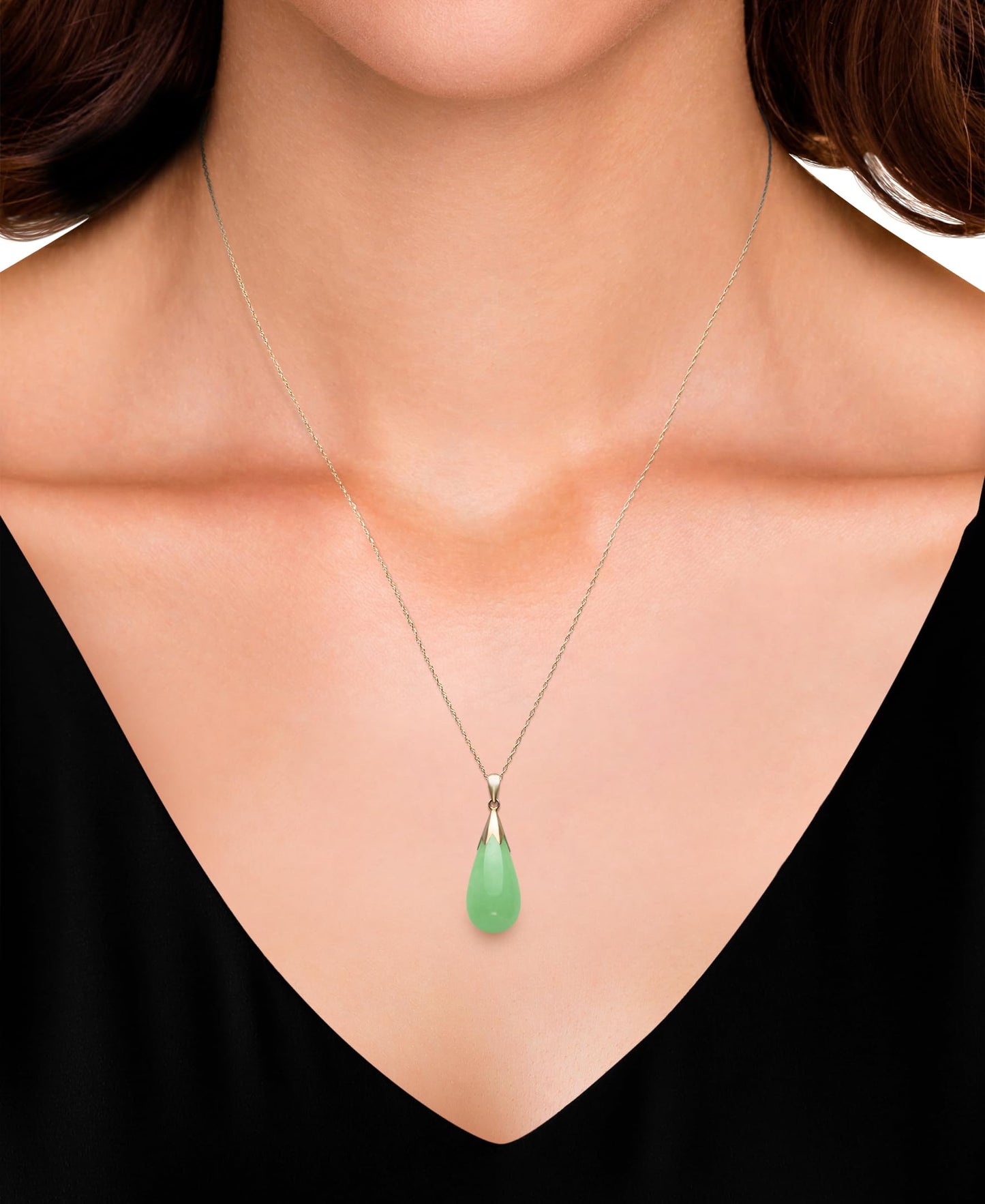 Belacqua Natural teardrop Jade Pendant Necklace with Round Stud Earrings Set for Women |10K Gold 18" Rope Chain With Spring Ring Clasp | Jewelry for Her | Gift Box Included