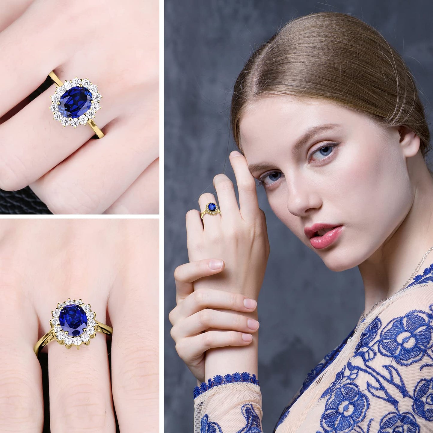 JewelryPalace Princess Diana Kate Middleton Gemstone Birthstone Blue Sapphire Halo Statement Engagement Rings for Women, 14K Yellow Gold Plated 925 Sterling Silver Promise Rings for Her Size 10.5