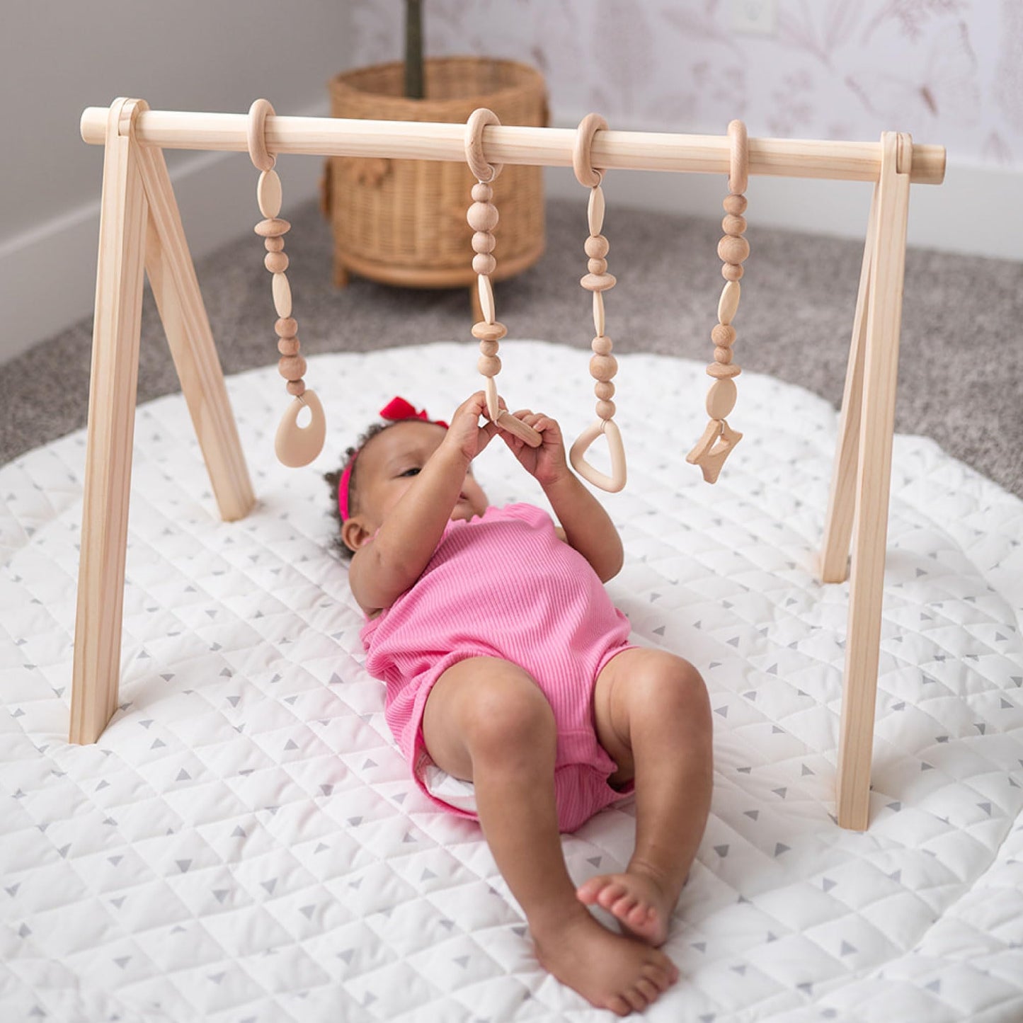 Poppyseed Play Wooden Baby Play Gym | Montessori-Inspired Activity Center with 4 Hanging Toys | Natural Wood & Silicone | Ideal for Tummy Time, Sensory Play & Motor Skill Growth | 0-12 Months