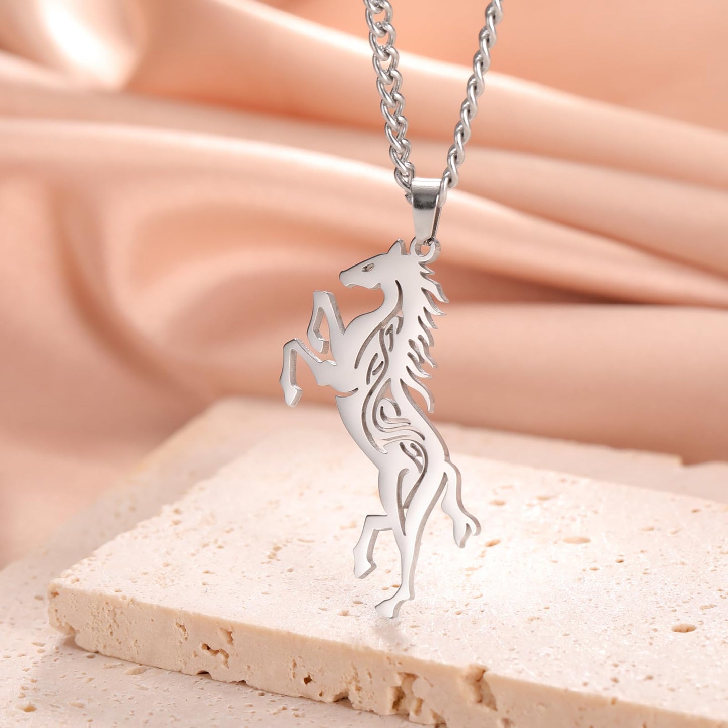 VASSAGO Horse Necklace for Women Men Stainless Steel Horse Pendant Necklace Animal Jewelry Horse Lover Gifts (silver)