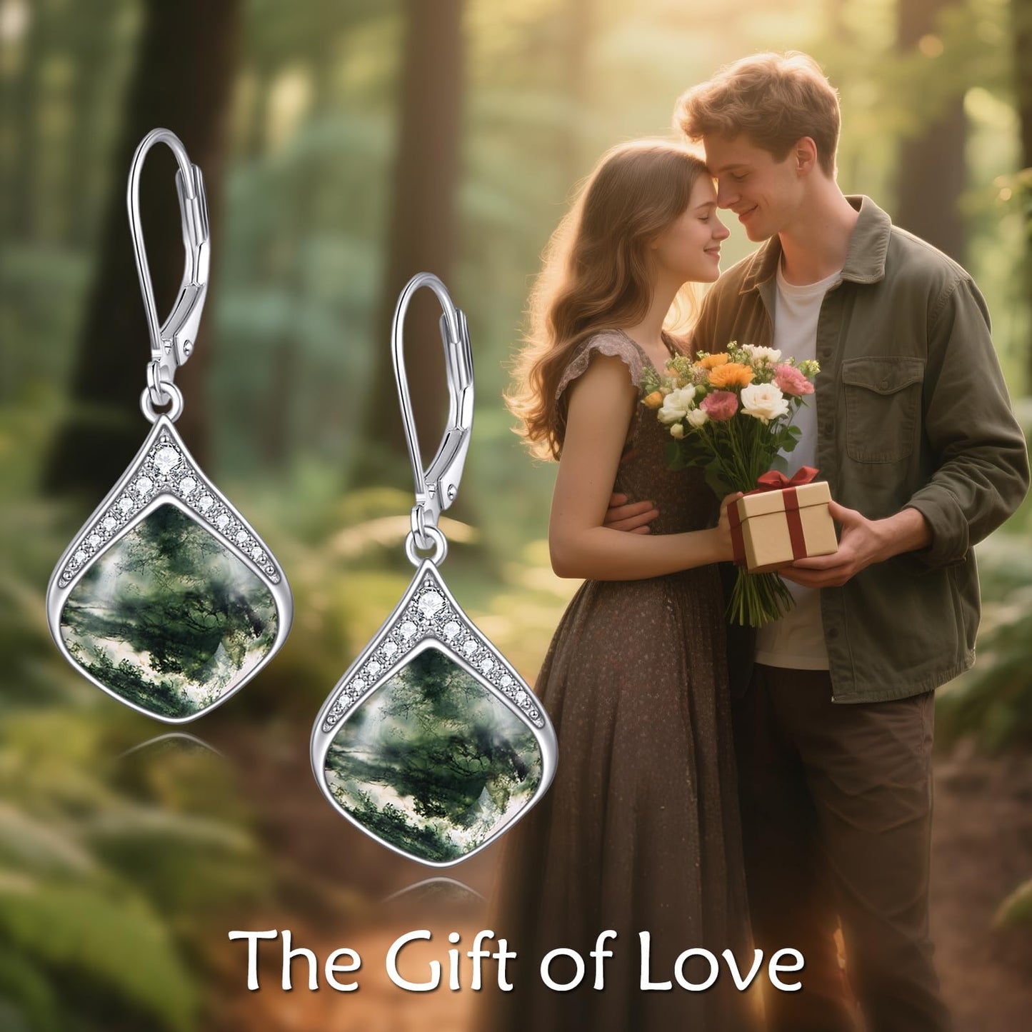 Moss Agate Teardrop Earrings for Women Sterling Silver Cubic Zirconia Teardrop Drop cubic Zirconia Dangle Earrings Jewelry Christmas Gifts for Women