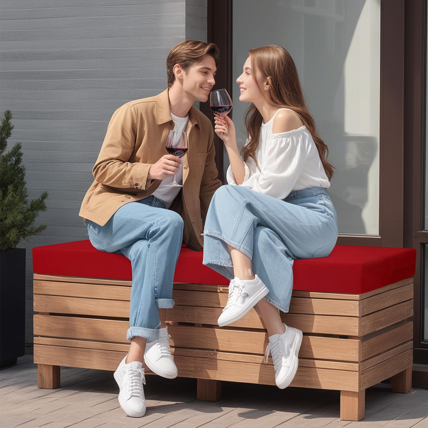 idee-home Outdoor Bench Cushion Waterproof, Bench Cushions for Outdoor Furniture, Patio Porch Swing Replacement Seat Pad with Ties for Garden Backyard, 45 x 18 Inch Red