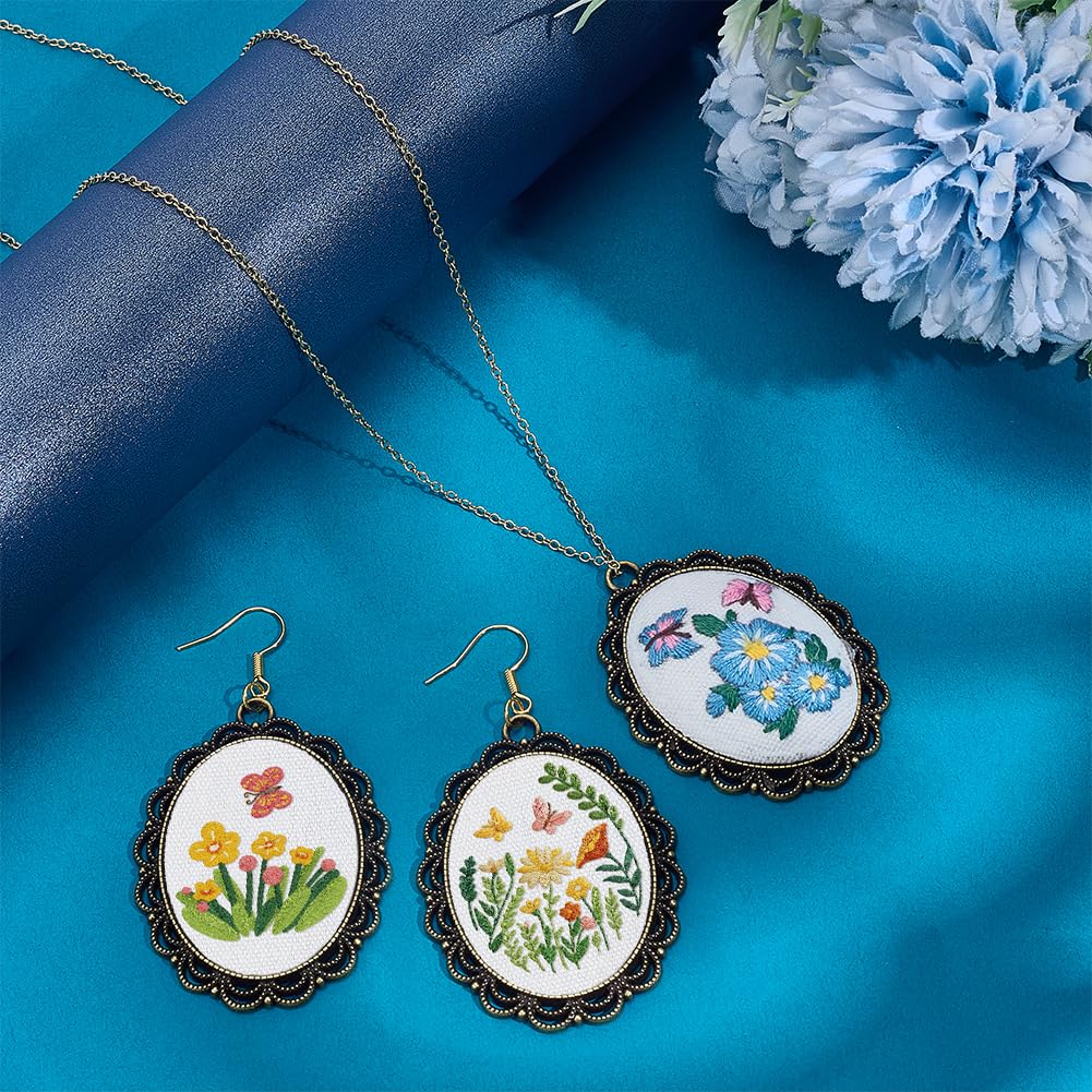 INFUNLY 6 Sets DIY Flower Embroidery Pendant Kit with Chains for Adult Beginners Insect Embroidery Necklace Kits with Instructions Floral Necklace Starter Cross Stitch Kit for DIY Art Craft Women Gift