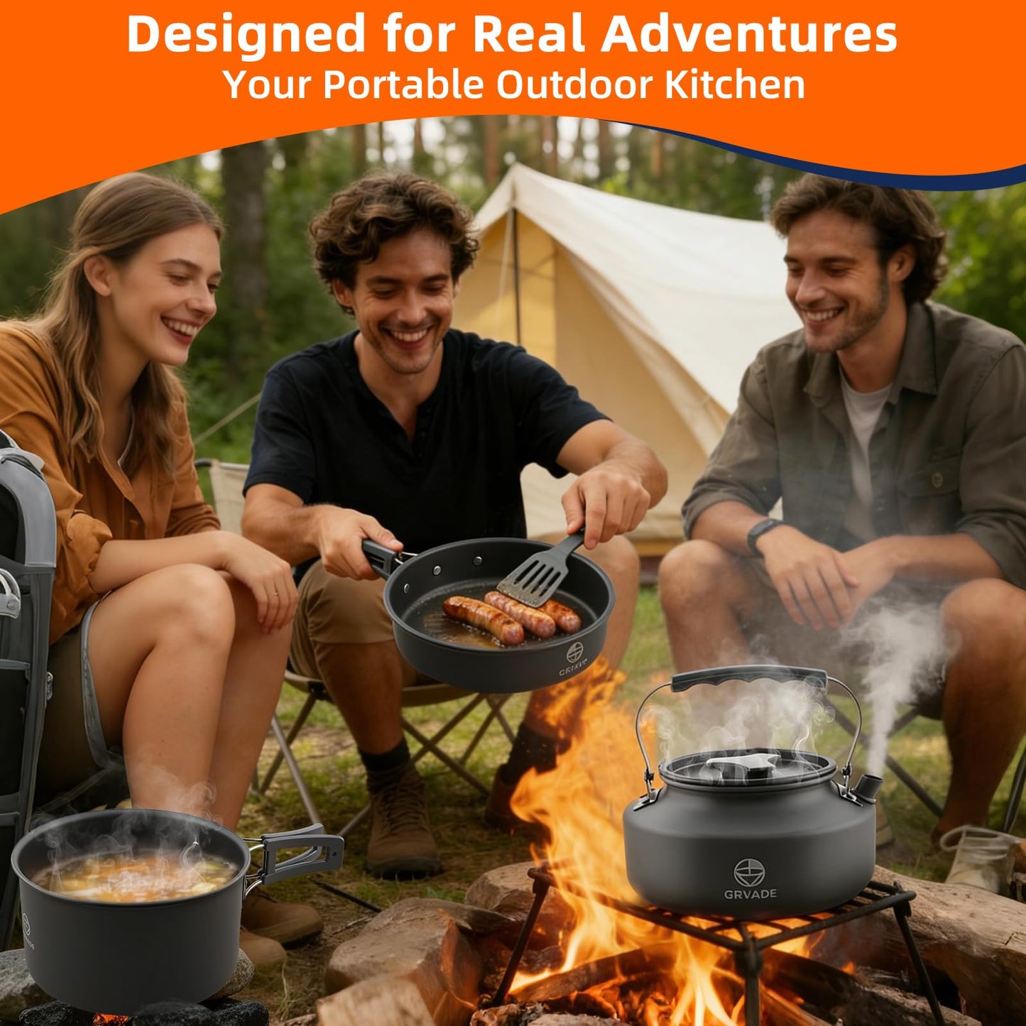 17-Piece Camping Cookware Set, Lightweight Backpacking Pot & Pan Kit with Non-Stick Anodized Aluminum, 0.45Gal Pot, 0.30Gal Kettle, 2 Cups & Cutlery Sets, Compact for Hiking, Camping, Picnic