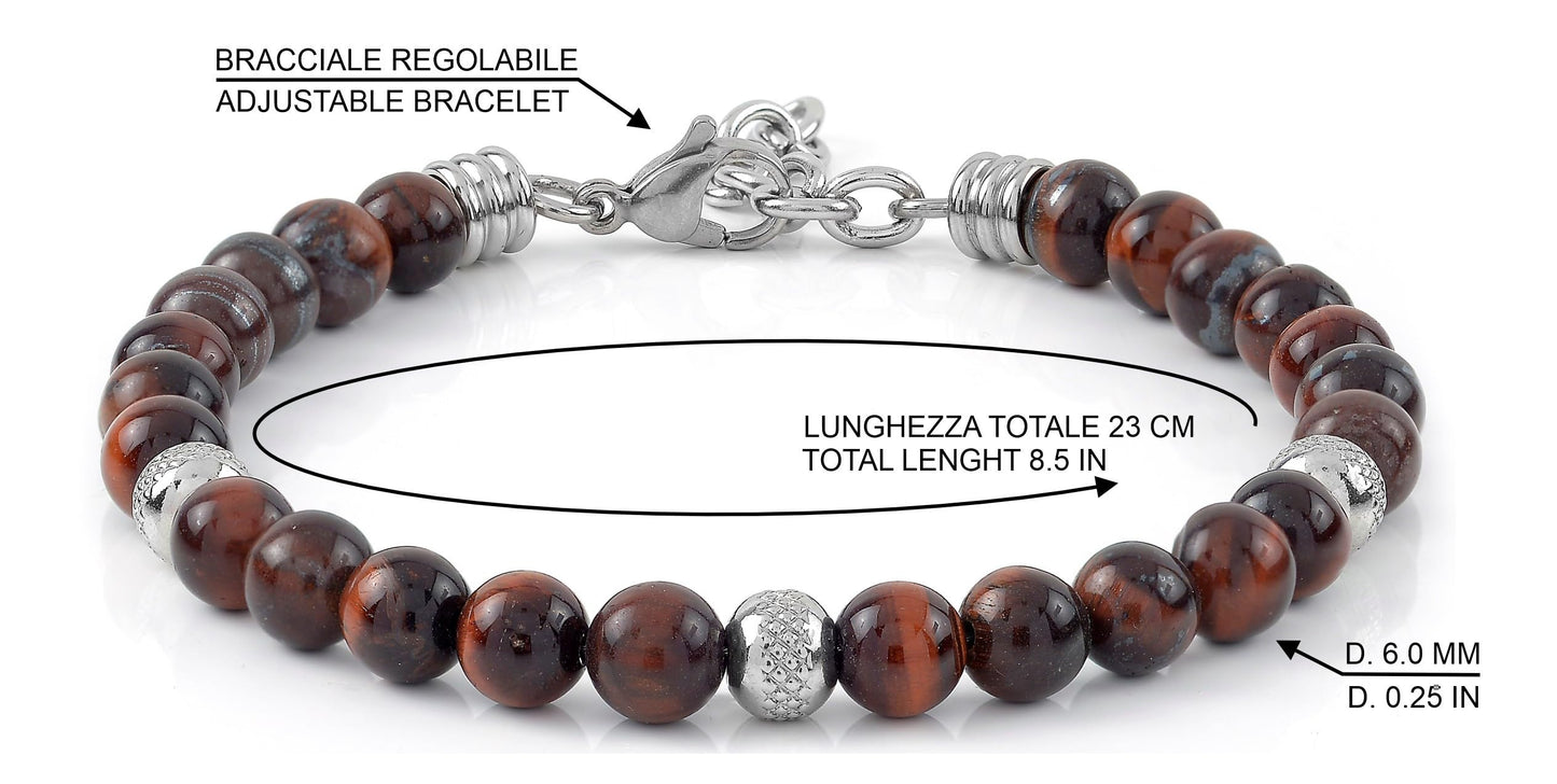 10:10 Beaded Bracelet for Men and Women โ Natural Red Tiger Eye Gemstones and Stainless Steel โ Adjustable & Durable & Elegant โ Made in Italy