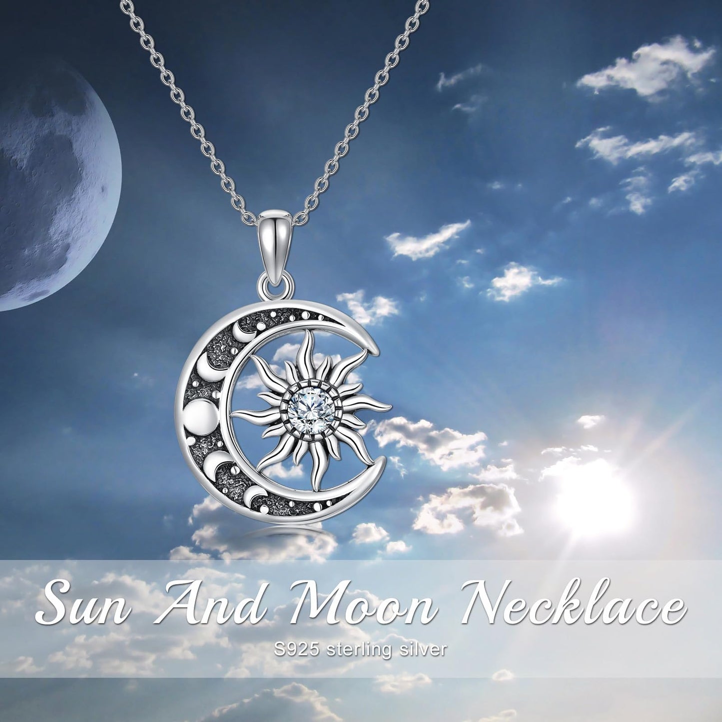 SOACAE Moissanite Sun and Moon Necklace 925 Sterling Silver 0.3ct Lab Created Moissanite Sun Pendant Moon Jewelry Gifts for Women