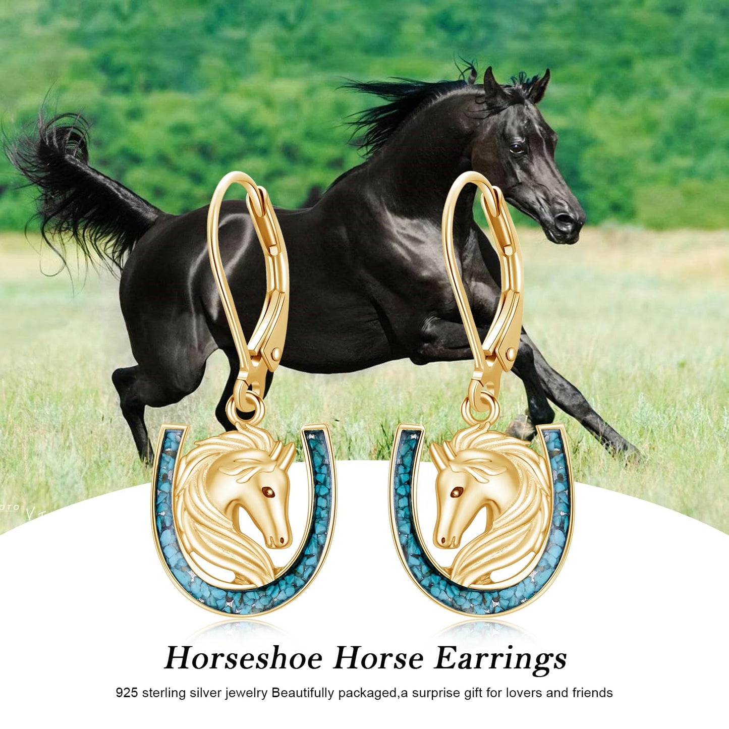 YYmqmq Gold Horse Earrings Horse Gifts for Women Sterling Silver Turquoise Horseshoe Dangle Earrings Leverback Western Jewelry Gifts for Women Girlfriend