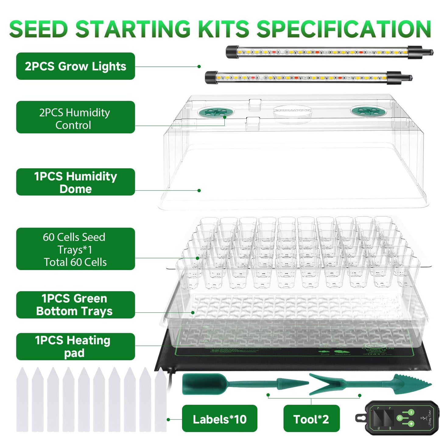 Adawook Large Seed Starter Tray with Grow Light and Thermostat Controller Heat Mat, 10"x 20.75" Heat Mats for Plant Growing,68-113°F Adjustable,Color Change Grow Lights,Germination Trays Kits