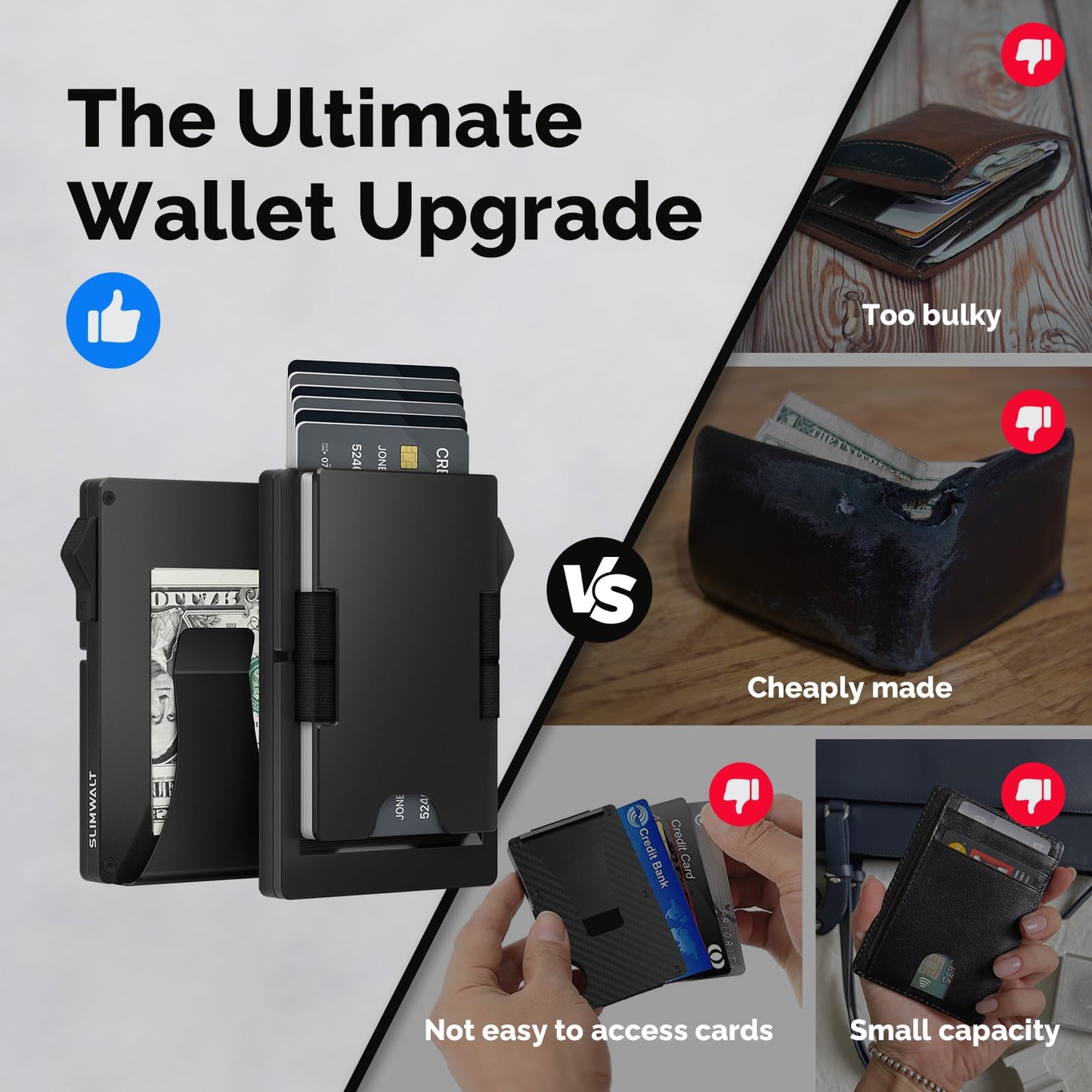 Slimwalt Wallet for Men with Money Clip - Holds 10-20 Cards, RFID Blocking Card Holder Wallets with Smart Card Slot, Minimalist Mens Wallet, Metal Pop Up Wallet, Gifts for Men Black