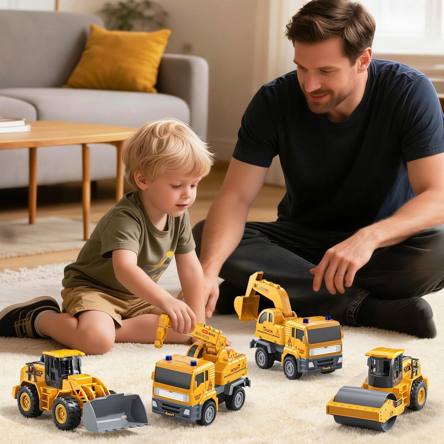 KukuFun 4-Pack Truck Toys for Boys 3-5 Year Old,Construction Sandbox Toy Set with Excavator,Indoor/Outdoor Sand Toys for Kids Toddlers Girls Age 3-8,Birthday Gifts