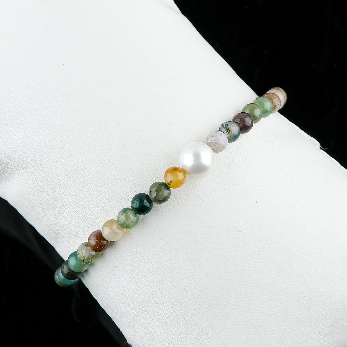 CRYSTALIS Natural Moss Agate Beads Slider Bracelet with Elegant Pearl, High Grade Beaded Crystals, Chakra Healing Gemstone, Gift Giving Women Jewelry, 925 Sterling Silver Slider 10 inch