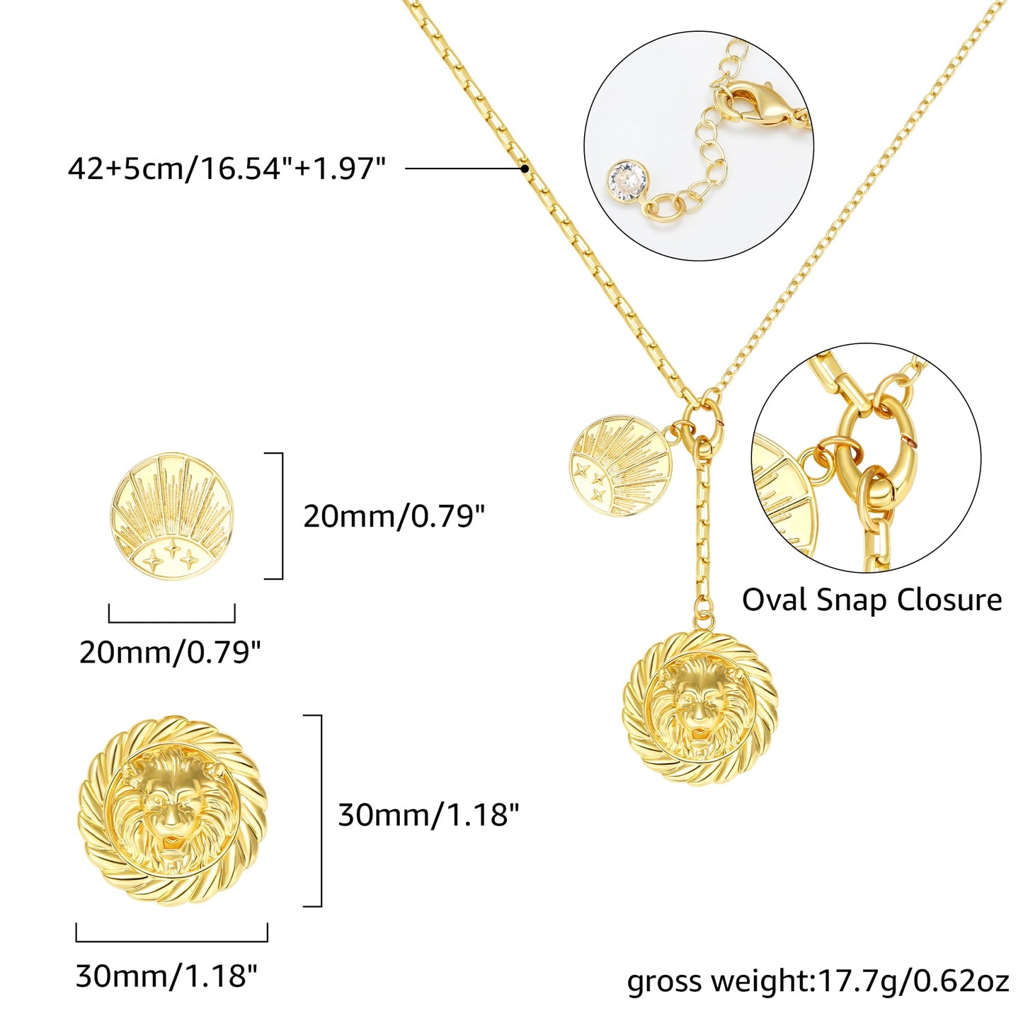 BONJOULRY Chunky Gold Lion Medallion Charm Sun Coin Pendant Necklace for Women 18K Gold Plated Dainty Paperclip Link Chain Choker Necklaces Trendy Celestial Jewelry Holiday Gift
