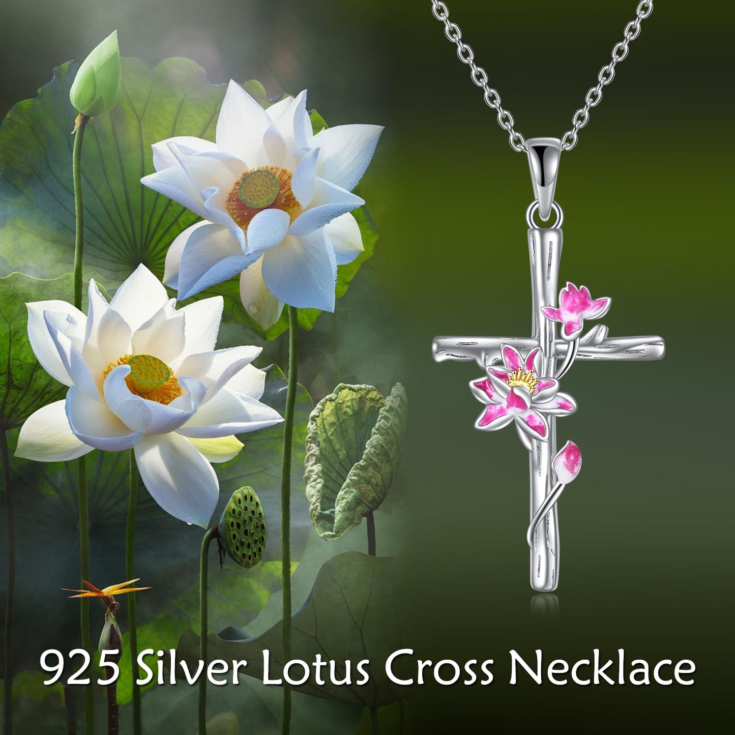 Women Cross Necklace Sterling Silver Lotus Flower Cross Pendant Necklace Jewelry Gifts July Birth Flower Necklace