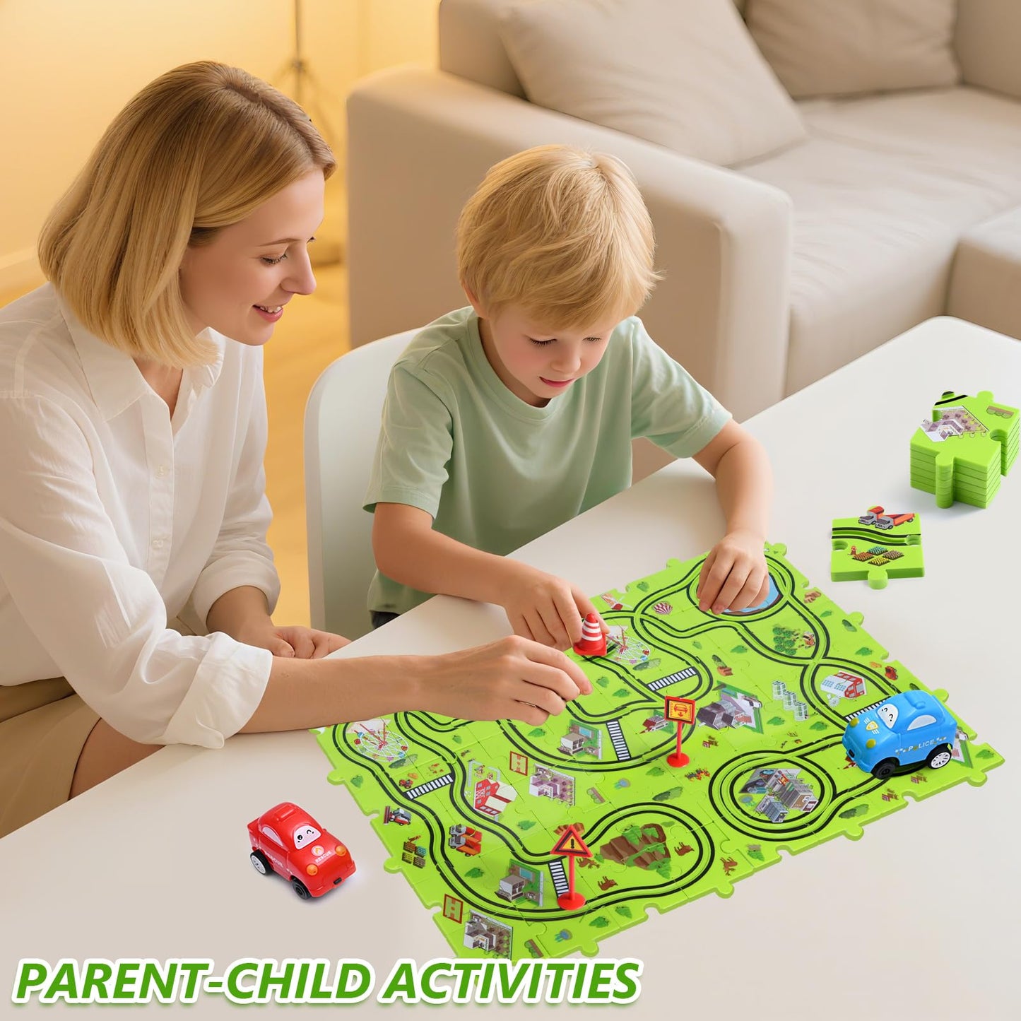 48 PCS Puzzle Race Track Car Set: Toddlers Kids Boys Girls Toys & Gifts for 3 4 5 6 Year Old | Puzzle Tracks Car Toys | with 2 Small Cars Toy and Roadblocks | Play & Learn Toy | Kid for Ages 3-5 4-6