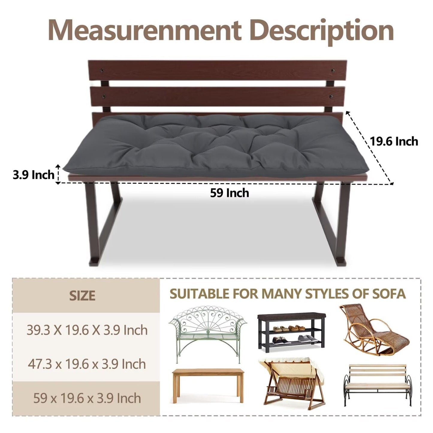 Yddsky Waterproof Indoor/Outdoor Garden Bench Seat Cushions,Thicken Patio Bench Soft Rocking Chairs Pad Lounger Seat for Wicker Loveseat Settee(59 X 19.6 in,Dark Gray)